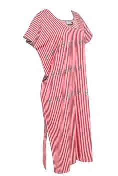 Live your best beach-bum life in this Tuckernuck dream! This 100% cotton tunic maxi dress stuns with its red & cream stripes, taking you from beach to boat in style , and its green embroidery makes it a fashion-forward, perfect for any seaside soiree. Get ready for some serious boho vibes! Size XL 100% Cotton Unlined Pullover Side slits Bust 51" Waist 54" Shoulder to hem 47.5" Sleeve length 11" Red Cotton Relaxed Fit Dress, Red Relaxed Fit Cotton Dress, Relaxed Fit Red Cotton Dress, Red Cotton Dress With Relaxed Fit, Striped Kaftan For Summer Beach Cover-up, Striped Long Maxi Dress For Summer, Spring Striped Loungewear Dress, Long Striped Vacation Dress, Striped Long Dress For Vacation