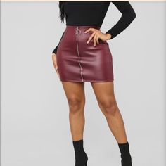 Pu Leather Mini Skirt Zipper 16" Length 95% Polyester 5% Spandex Slightly Stretchy Fall Club Skirt With Zipper Closure, Chic Burgundy Skirt For Night Out, Burgundy Mini Skirt For Fall, Pu Skirt Outfit, Maroon Leather Skirt, Red Leather Skirt Outfit, Burgundy Leather Skirt, Red Leather Skirt, Pu Skirt