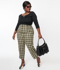 Unique Vintage Plus Size Cream & Black Plaid Front Pleat Pants - Unique Vintage - Womens, BOTTOMS, PANTS Vintage Plaid Bottoms For Work, Plus Size Brown Pants, Unique Vintage Plus Size, 1930s Plus Size, Plus Size 1940’s, Riot Grrrl Fashion, Uv Clothing, 1940s Women, Bias Cut Dress