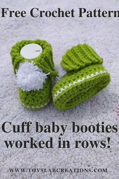 two crocheted baby booties sitting on top of a rug with the words free crochet pattern