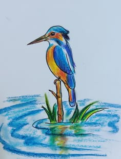 a drawing of a bird standing on a stick in the water