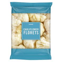 cauliflower florets in a blue bag on a white background with the words cauliflower florets