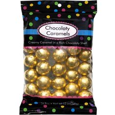 chocolate covered caramels in a bag with polka dots on the front and bottom