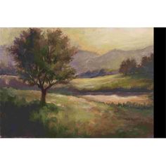 an oil painting of a tree in the middle of a field with mountains in the background