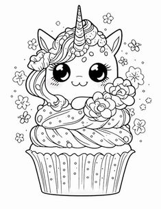 a cute unicorn cupcake with flowers and stars on it's head, in black and