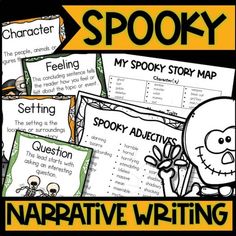 the spooky writing activity is shown in black and white, with orange accents