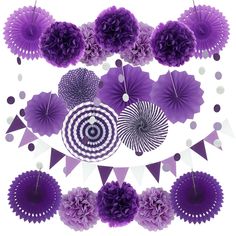 purple and white party decorations with paper fans