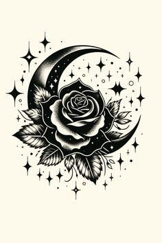 a black and white drawing of a rose on the moon with stars in the background