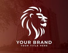 a lion head logo is shown on a dark red background with the words your brand below it