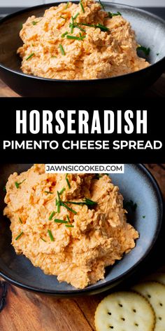 horseradish pimento cheese spread in two black bowls with crackers on the side