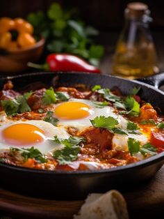 two fried eggs in a skillet with tomatoes, peppers and parsley on the side