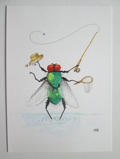 a watercolor drawing of a fly fishing