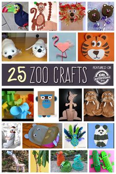 the cover of 25 zoo crafts for kids with pictures of animals and other things on them