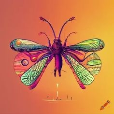 a colorful insect flying through the air with its wings spread out and eyes wide open