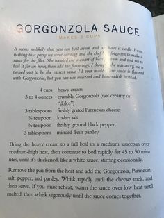 an open book containing information about gorgonzola sauces and how to use it