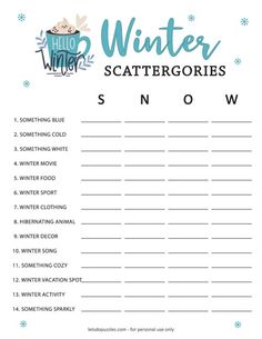 the winter scatterergries snow word search is shown in blue and white