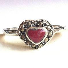 Silver Marcasite Heart Promise Ring Pretty Ring To Show Your Love. Sparkly Marcasite Stones. Red Baked Enamel Heart. Grayish Black Marcasite Stones. 925 Sterling Silver New With Tags Size 6,And 8 Friendship Anniversary, Promise Ring Band, Colombian Emerald Ring, Sterling Silver Heart Earrings, Heart Promise Rings, Pretty Ring, Usa Jewelry, Silver Heart Earrings, Marcasite Ring