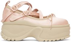 Low-top silk satin sneakers in pink. Round toe. Bow accent and adjustable criss-crossing straps with pin-buckle fastenings at vamp. Grosgrain trim in taupe at collar. Tonal pull-loop at heel collar. Platform rubber midsole in taupe. Treaded rubber outsole in taupe. Approx. 3 platform. Supplier color: Pink Ballet Platforms, Ballerina Sneakers, Satin Sneakers, Outfit Generator, Pink Platform, Pink Platforms, Trust Fund, Pink Round, Bow Sneakers