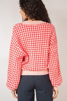 Break all the rules with our red and pink gingham check cardigan. This oversized knitted cardigan is perfect to complete a casual outfit and add some colour to your wardrobe. Style this bold button-down knit with some jeans and a cute top for a casual date look. - Red and pink gingham check knitwear - Dropped sleeves - Button down cardigan Cozy Plaid Sweater For Spring, Plaid Long Sleeve Sweater For Spring, Oversized Plaid Casual Cardigan, Oversized Casual Plaid Cardigan, Casual Oversized Plaid Cardigan, Trendy Red Oversized Cardigan, Trendy Oversized Red Cardigan, Chic Plaid Cardigan For Spring, Casual Plaid Sweater With Houndstooth Pattern