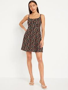 Fit & Flare Cami Mini Dress | Old Navy Casual Sundress With Straight Neckline For Brunch, Casual Sundress With Straight Neckline And Floral Print, Casual Strapped Mini Dress For Daywear, Casual Strappy Mini Dress For Daywear, Trendy Square Neck Dress With Smocked Bodice, Casual Dresses With Straight Neckline For Daywear, Fitted Sundress With Smocked Strappy Back, Fitted Sundress With Adjustable Straps And Strappy Back, Casual Beach Suspender Dress With Tie Straps