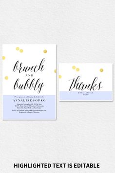 two wedding thank cards with gold dots on the front and back, both in blue and white