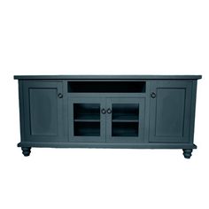 a gray entertainment center with two doors and shelves on one side, an open door to the