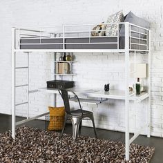 a white loft bed with a desk underneath it and a chair in front of it