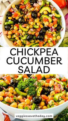 chickpea cucumber salad in a white bowl with the title above it