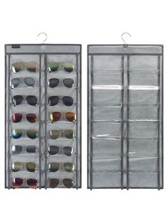 an open case with several pairs of sunglasses hanging on the side and two rows of glasses in each