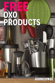 there are many different types of kitchen appliances on this counter top with the words free oxo products above it