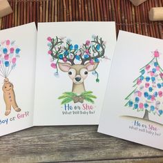 three cards with animals and flowers on them, one is for a boy or girl