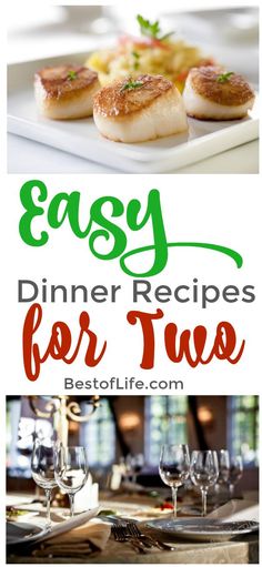 dinner menu with text that reads easy dinner recipes for two on the top and bottom