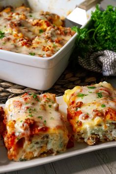 lasagna casserole on a plate with parsley