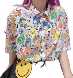 Harajuku Style Tops With Funny Print For Spring, Summer Kawaii Blouse, Trendy Multicolor Print Short Sleeve Shirt, Trendy Short Sleeve Shirt With Multicolor Print, Cotton Cartoon Print Tops, Trendy Multicolor Cartoon Print Shirt, Fun Cartoon Print Spring Tops, Fun Cartoon Print Tops For Spring, Casual Multicolor Shirt With Cartoon Print