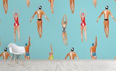 a room with a wallpaper that has people in swimsuits on the walls