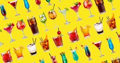 many different types of cocktails on a yellow background