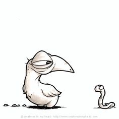 a drawing of a bird and a worm looking at each other in the same direction