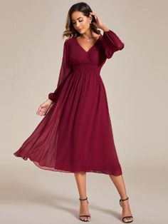 Step into any cocktail party or special event with confidence in this stunning Chiffon V-Neck Long Sleeves Elastic Band Midi Dress. The combination of the flowing chiffon fabric, v-neckline, and long sleeves exudes a classy and refined vibe. Complete your look with heels and accessories for a memorable appearance that will turn heads all night long. Midi Dress For Party, Burgundy Dresses For Wedding, Classy Midi Dress Formal, Dresses For A Wedding Guest Summer, Solid V-neck Chiffon Dress, Chiffon V-neck Ruched Dress, Fitted Chiffon V-neck Dress For Formal Occasions, Flowy Chiffon V-neck Dress For Party, Solid Chiffon V-neck Dress