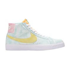 Find NIKE Zoom Blazer Mid Premium Sb 'light Dew Zitron on Editorialist. The Nike Zoom Blazer Mid Premium SB ‘Light Dew Zitron’ gives the vintage silhouette a slightly distressed makeover, highlighted by a faded green finish on the textured suede upper. The pastel hue is contrasted by a pink heel tab and yellow retro Swoosh. The latter color is repeated on an exposed-foam nylon tongue, decorated with a woven Nike SB tag. A second Nike SB logo hit lands on the sockliner, featuring a Zoom Air unit under the heel for added cushioning. Nike Sb Zoom Blazer Mid, Sb Logo, Vintage Silhouette, Blazer Mid, Pink Heels, Nike Zoom, Nike Sb, Wedge Sneaker, Golden Goose Sneaker