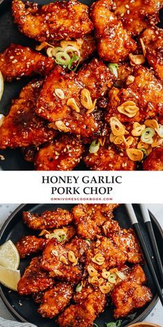 honey garlic pork chop is shown in two separate pans