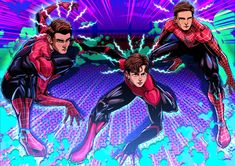 the amazing spider - man and his friends in front of an image of neon lights