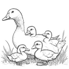 a group of ducks standing next to each other in the grass