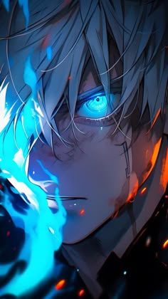 an anime character with blue eyes and white hair, in the background is fire flames