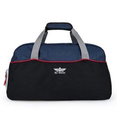 a black and blue duffel bag with red trim