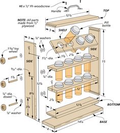 an assembly diagram showing the parts for a wooden shelf