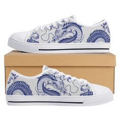 These Blue Dragon Blue Ceramic White low top canvas shoes are ideal for being unique and standing out from the rest of the crowd. To be Gnarly, you need to be different and feel different. These shoes will help you express yourself through the intricate art and gnarly design it displays. This unique shoe is hand drawn/designed in the USA and built with fantastic quality. CONSTRUCTION: Our shoes are very well constructed with quality stitching and a solid base. They are comfortable and durable and suitable for most occasions. HANDCRAFTED DESIGN: Wearing these shoes is making a statement. Our shoes have bold and gnarly designs that fit anyone who want to separate themselves from the rest. The designs are inspired by art and beauty from around the world. Exclusively designed in the USA. __FEA White Low Top Converse, Dragon Blue, Unique Shoe, Low Top Converse, Intricate Art, Style Converse, Converse Style, Blue Dragon, Unique Shoes