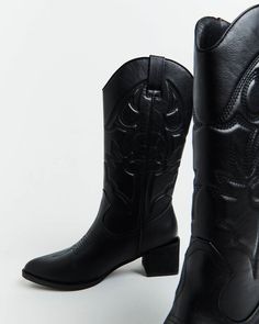 The Ranger Cowboy Boots by Therapy are a pull on style that are crafted with western-style detailing. The shoes come in a black colourway and are crafted with a pointed toe and mid height leather stacked heel. Cowboy Boot, Jersey Top, Skirted Swimwear, Western Style, Leggings Shop, Denim Shop, Stacked Heel, Playsuit Jumpsuit, Western Fashion