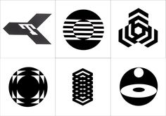 six black and white logos with geometric shapes on them, all in different styles or sizes