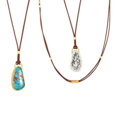 22 Karat Gold &#8211; 925 Pilot Mt. Turquoise Necklace Silver Leaves, Gold Wrap, Back Jewelry, 22k Gold, Silver Leaf, Metal Stamping, Gemstone Necklace, Turquoise Necklace, Brown Leather