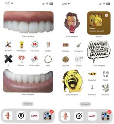 some stickers that are on the side of a cell phone screen, including an image of a person's mouth and teeth